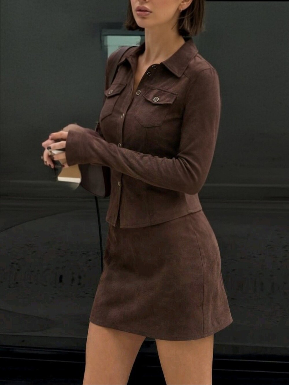 Brown Suede 2-Piece Set, Lapel Pocket Fitted Long Sleeve Top & A-Line Mini Skirt - Picture 4 of 9